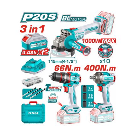 Total Σετ Γωνιακός Τροχός, Κρουστικό Δραπανοκατσάβιδο & Μπουλονόκλειδο Brushless 20V με 2 Μπαταρίες 4Ah & φορτιστή