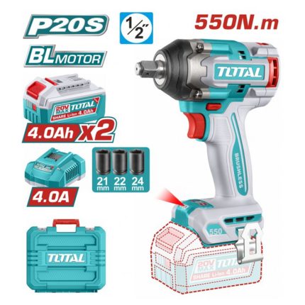 Total Σετ Μπουλονόκλειδο Μπαταρίας Brushless  20V 2x4Ah Με Υποδοχή 1/2" TIWLI2055E